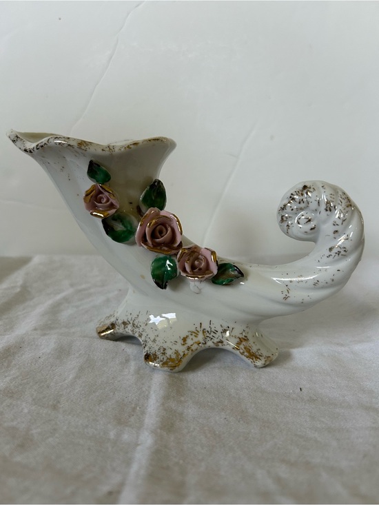None Other - Porcelain White Cornucopia Vase with Pink Rose Accents